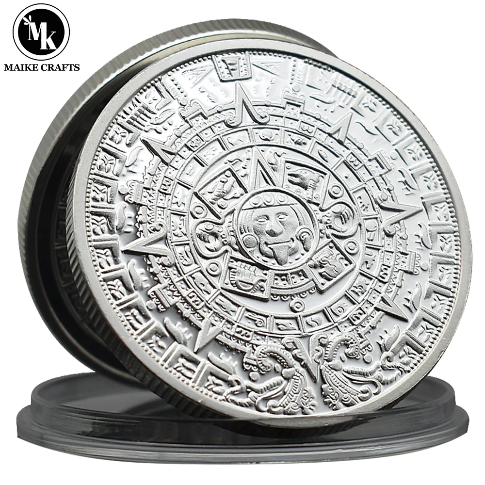 

Mexican Maya Challenge Coin Aztec Calendar Art Prophecy Culture Silver Plated Metal Commemorative Coin Collection Gift