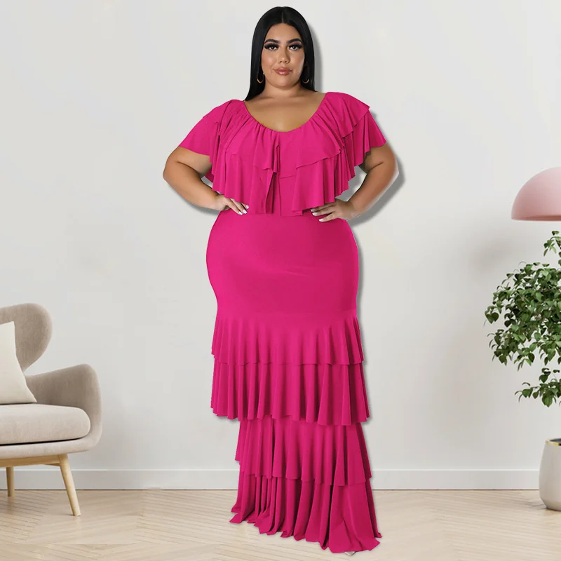 Plus Size Dresses Elegant Women's Round Neck Solid Color Multi Segment Splicing Large Pendulum Long Prom Dress