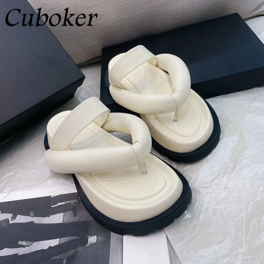 

2022 New Padded Leather Platform Flat Slippers Women Slip On Flip Flops Peep Toe Mules Brand Casual Beach Shoes For Summers
