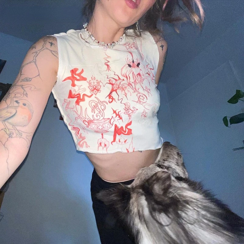 

sunny y.j. Y2k Punk Aesthetic Printed Tank Tops Women Gothic Grunge Velvet Skinny Cropped Tops E-girl Irregular Hem Streetwear