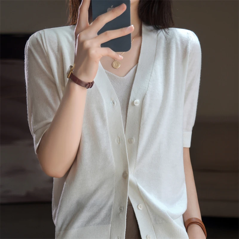 

Worsted Wool V-Neck Short-Sleeved Women's Cardigan Thin Tops Summer Knitted T-Shirts Knitted Bottoming Shirts Fashion Outerwear