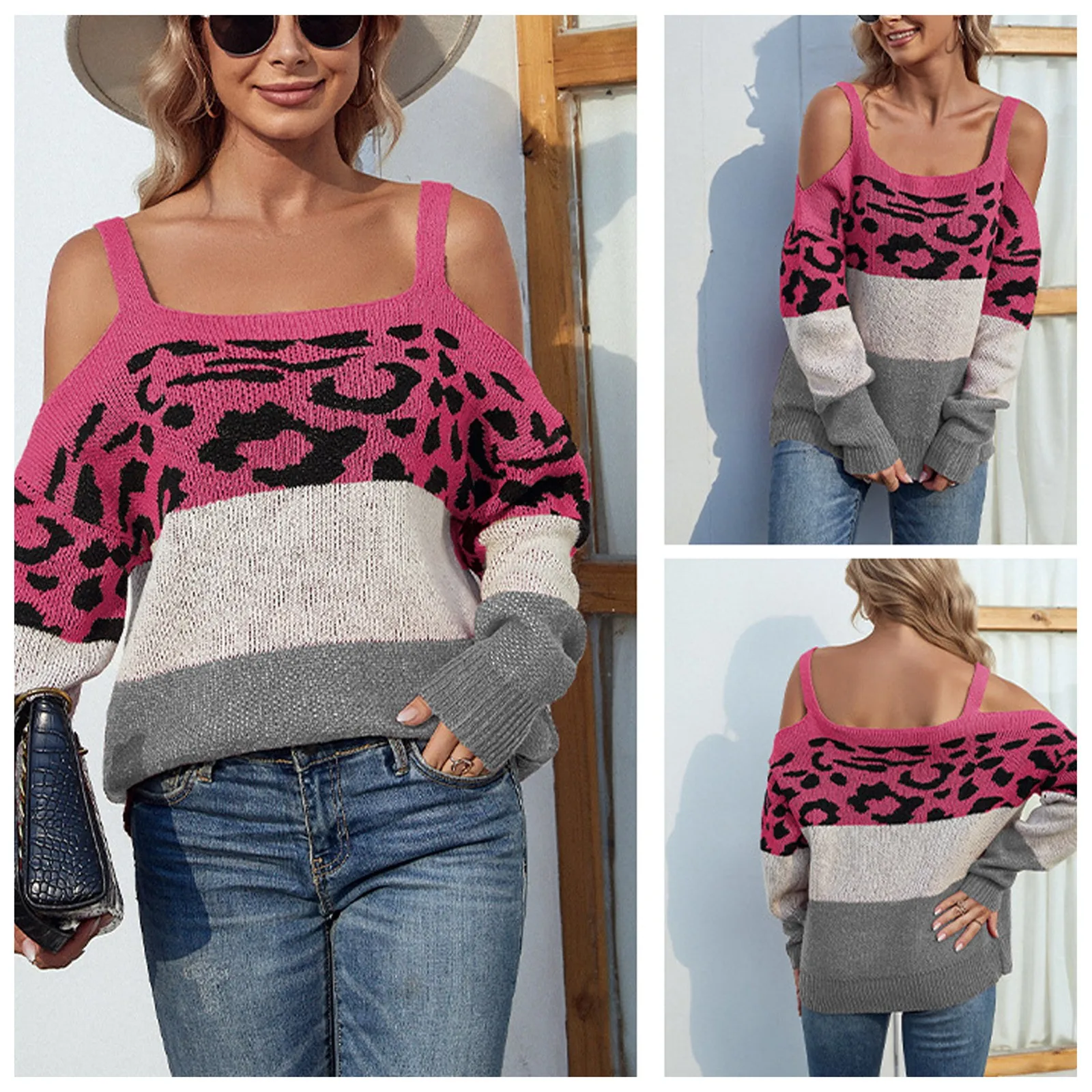 

Knitted Tops for Women Women's Contrast Color Leopard Print Cross Border Knit Sweater Sexy Gold Cardigan Sweaters for Women