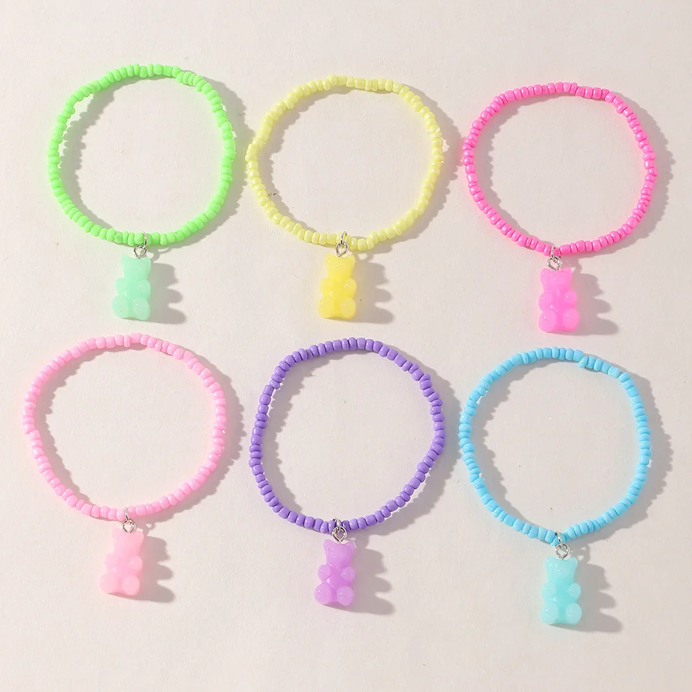

6PCS/SET Kids Girls Colored Beads Adjustable Jelly Color Gummy Bear Pendant Charm Children Bracelet Sets Jewelry