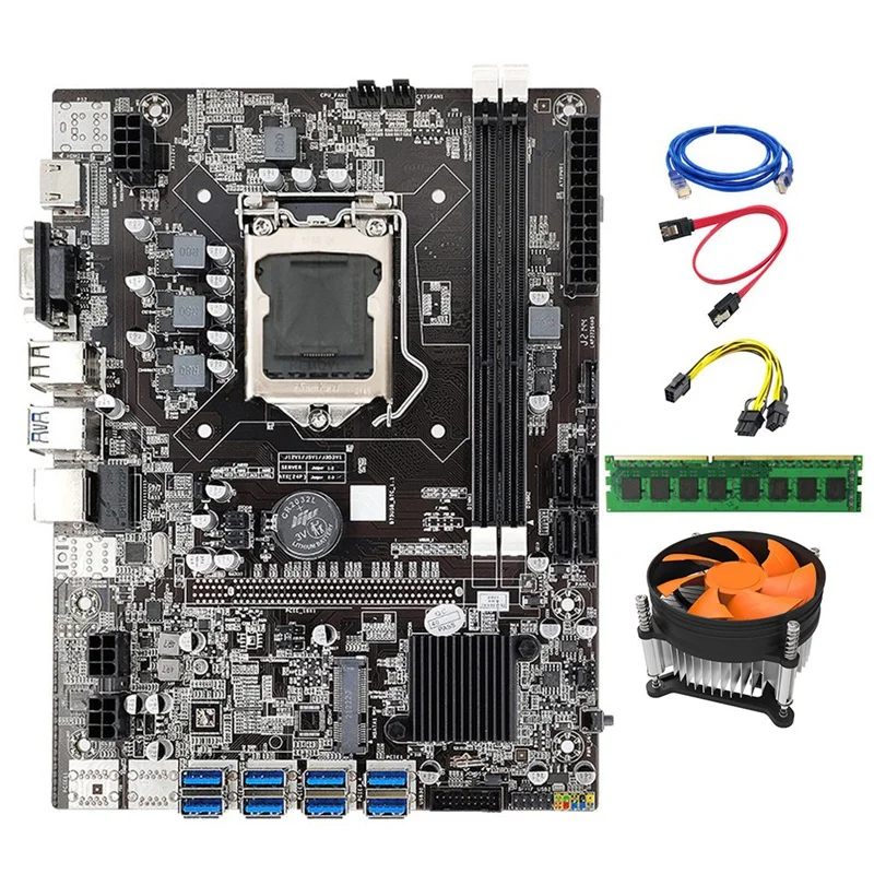 B75 BTC Mining Motherboard+DDR3 4GB 1600Mhz RAM+RJ45 Network Cable+Cooling Fan LGA1155 8GPU PCI-E to USB3.0 B75 Miner