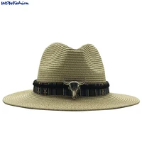 western cowboy hat for women men summer straw hat wide brim cow head decorate hat outdoor sombrero hombre cowgirl hat