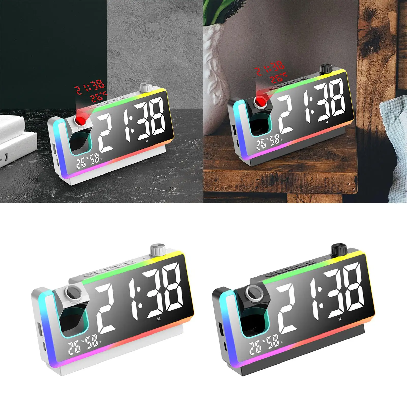 Projection Alarm Clock Rechargeable USB Digital Brightness Adjustable for Nursery Kids Adults Office Living Room Sleepers