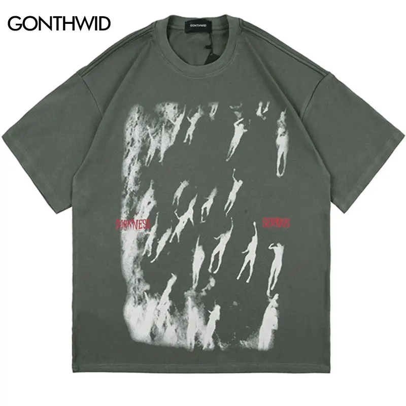 

Футболка мужская в стиле панк/готика, уличная одежда, повседневная Свободная рубашка в стиле хип-хоп с принтом тени, Модная хлопковая с коро...