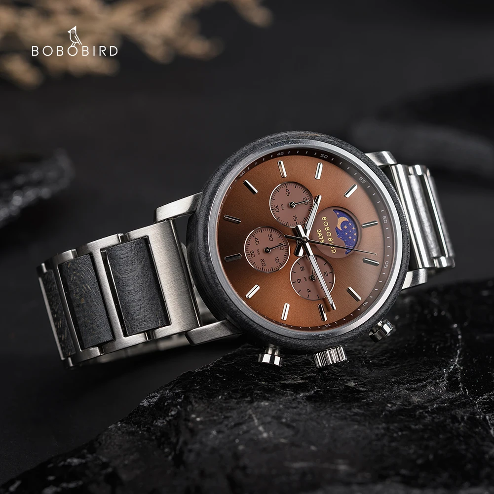 BOBO BIRD 2022 New Watch for Men Top Brand Moon Phase Chronograph Wooden Watches Luxury Sports Quartz Movement montre homme