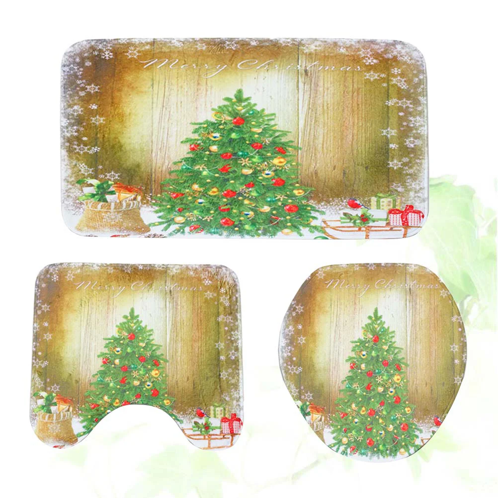

3 in 1 Christmas Tree Plank Pattern Bathroom Mat Set Antiskid Washroom Carpet Mat Toilet Seat Lid Cover