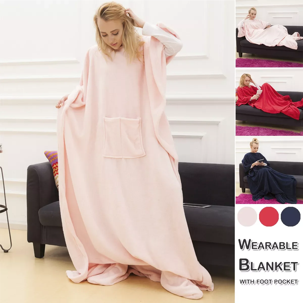 

NEW IN Wearable Warm Blanket With Foot Winter Plush Throw Blanket For Bed Sofa Solid Soft Fleece Wrap Blanket Cover Pocket TV Bl