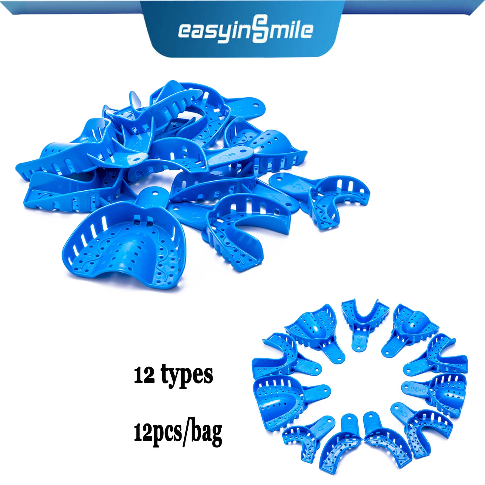 

12pcs/bag EASYINSMILE Dental Impression Trays Perforated Plastic High Temperature Disinfection Upper/Lower S/M/L/XL