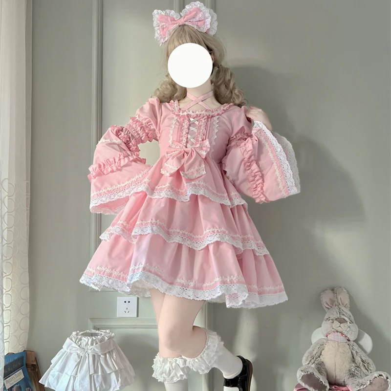 

2023 Summer Gothic Pink Kawaii Dress Sleeves Detachable Soft Girl Victorian Princess Tea Party Baby Doll Lolita Dress For Woman