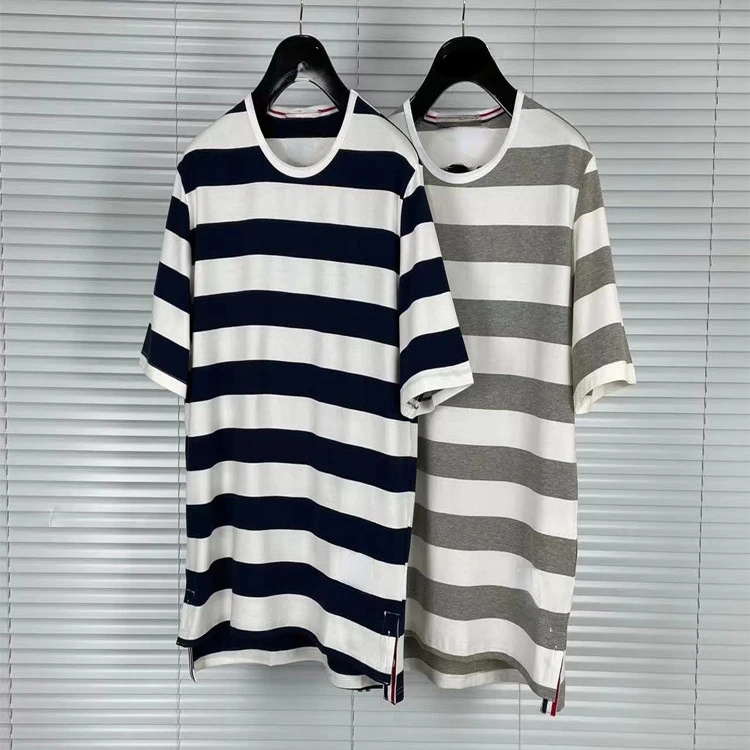 

2022 Summer Women T-Shirt Men Tee Striped Cotton O-Neck Top Casual Korean Design High Quality Short Sleeve