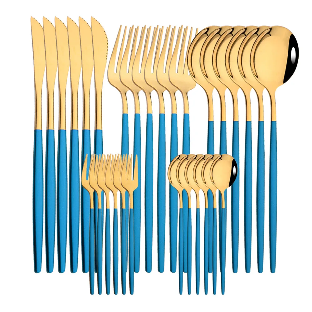 Blue Gold Stainless Steel Dinnerware Set Knife Fruit Fork Tea Spoon Tableware Cutlery Set Western Kitchen Flatware Silverware