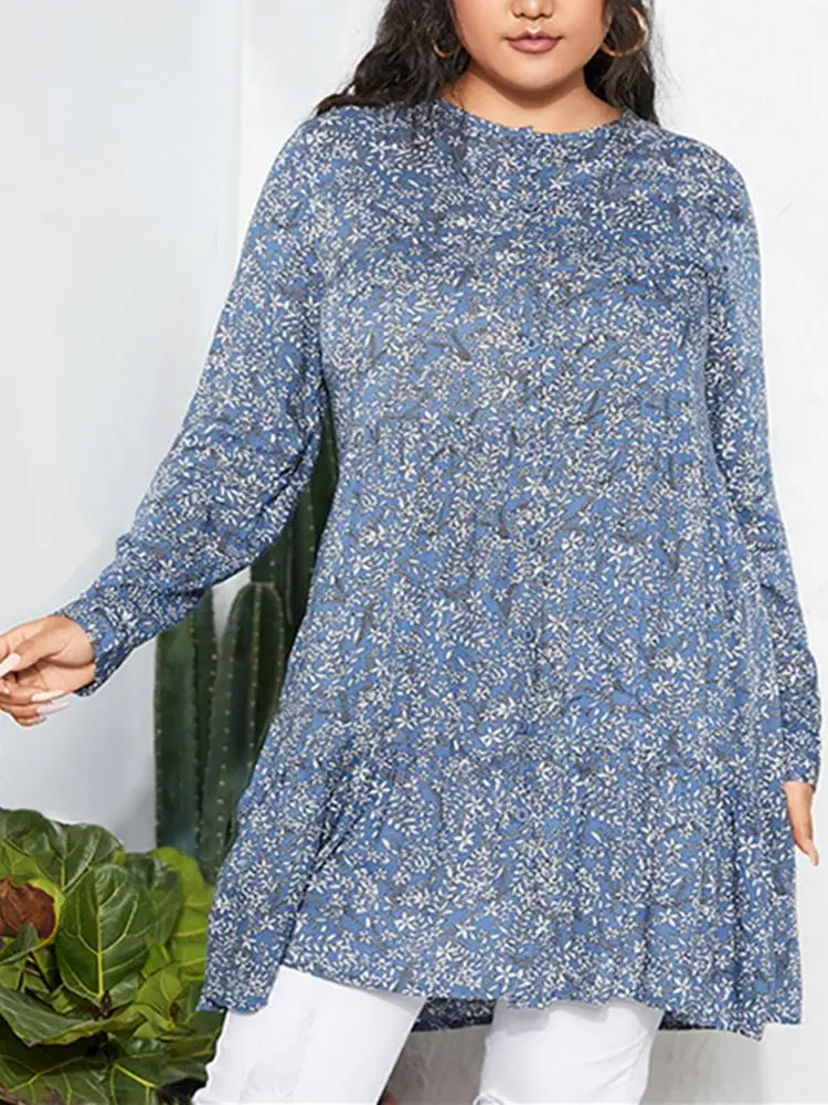 

Женская блузка с длинным рукавом, круглым вырезом и цветочным принтом