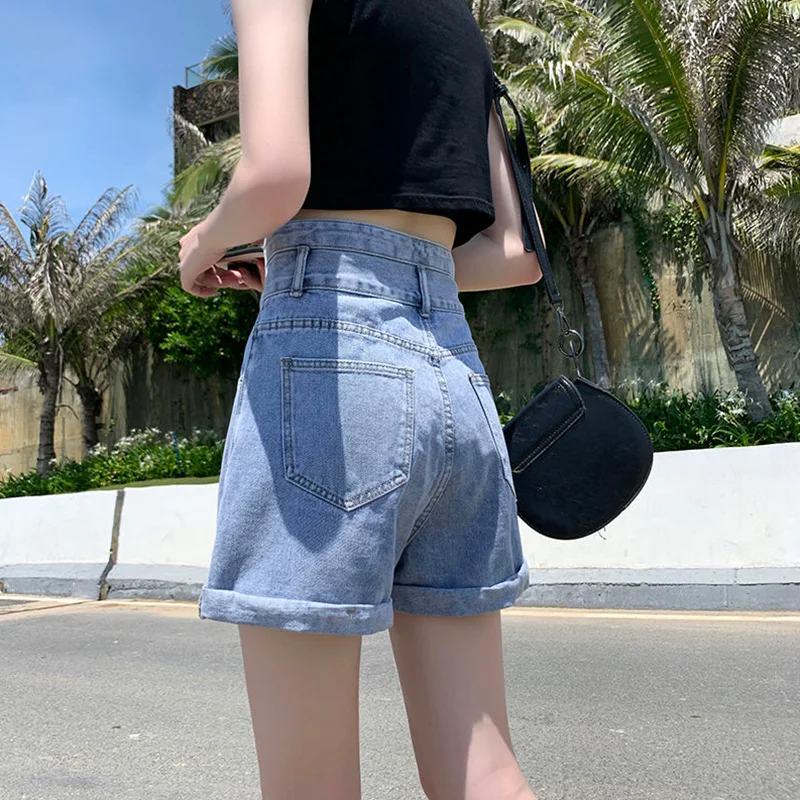 New Spring Summer Women Light Blue High Waist Loose Jeans Shorts Streetwear Ladies Denim Mini Zipper A-line Shorts