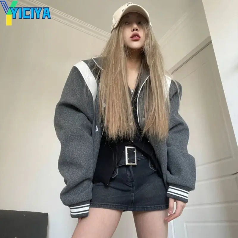 

YICIYA Bomber Woman Varsity Jacket Gray American Long Sleeve University Baseball Jacket Oversize Female Coat Winter 2022 Top Y2k