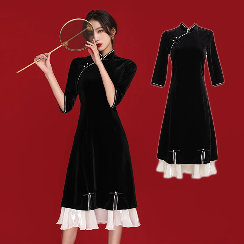 

Chinese Cheongsam Pleuche Qipao Modern Wedding Dresses For Women Traditional Elegant New Year Outfit Long Sleeve Winter