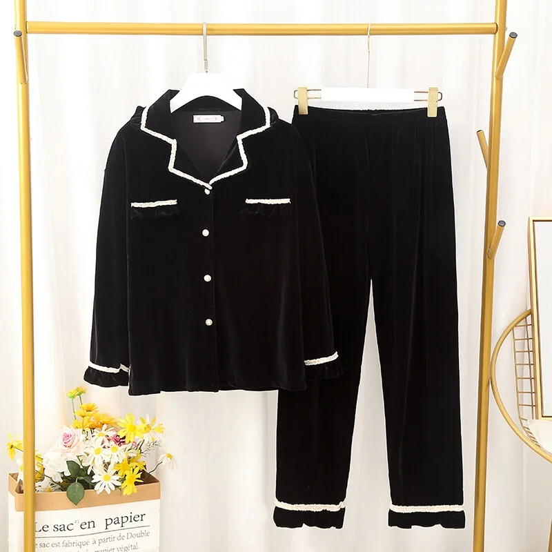 Women Velvet Comfortable Soft Pajamas Spring Autumn Winter Solid Color Pajamas Set Home Clothes