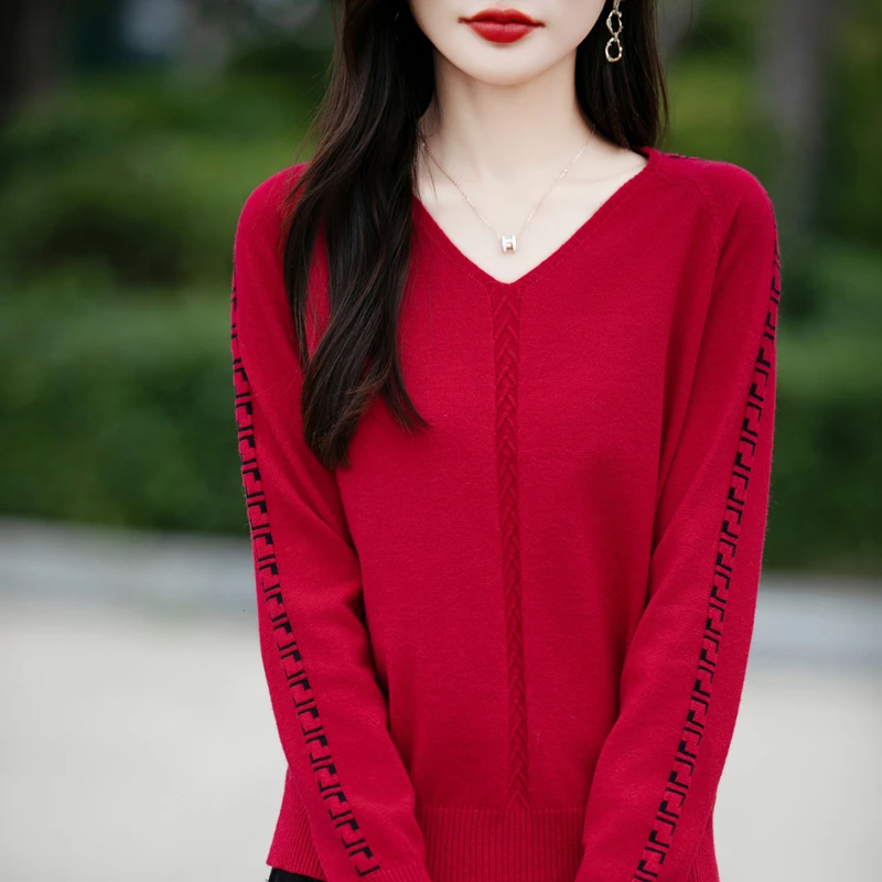 Женский трикотажный кашемировый пуловер с длинным рукавом и V-образным вырезом