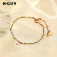 enxier new 316l stainless steel gold color fine chain bracelet two pearl women bacelet for jewelry