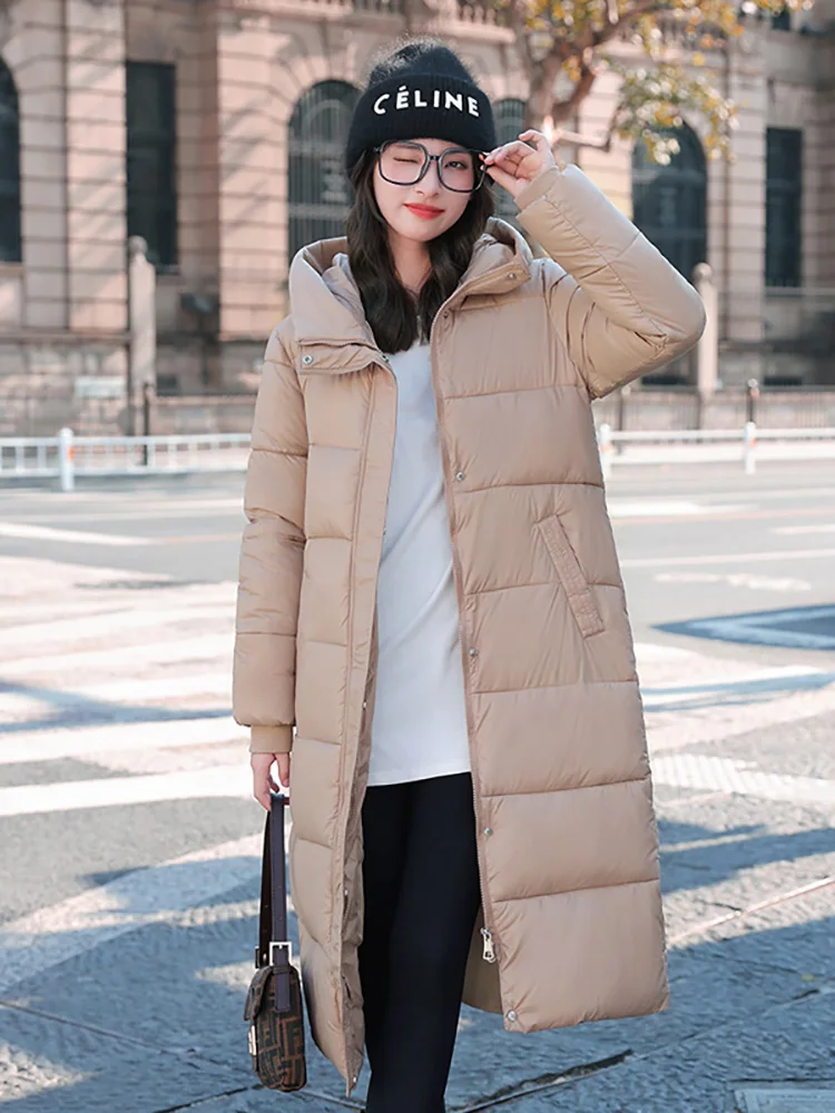 Black Glossy Parka Coat Women's 2023 Fashion Thicken Winter Hooded Loose Long Jacket Female Windproof Rainproof Warm Outwear