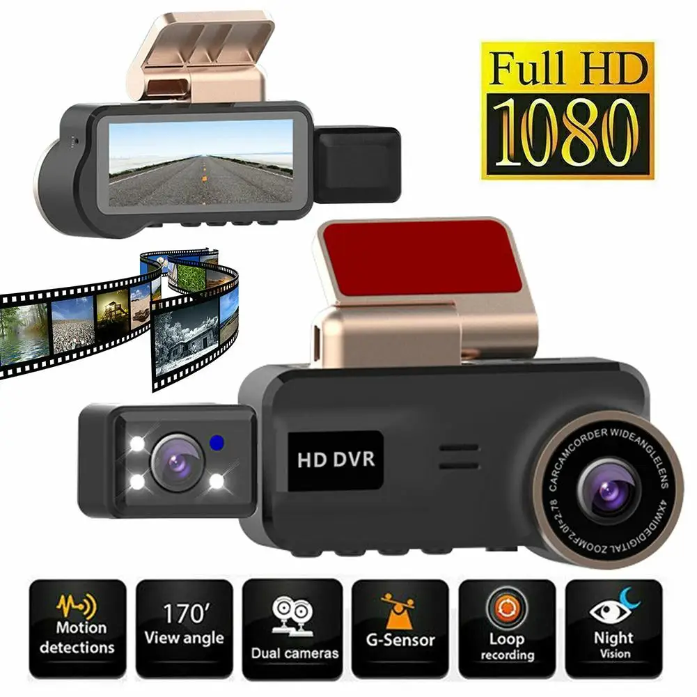 Купи 1080p Hd Dual Lens Car Dvr Dash Cam Video Recorder G-sensor Loop Recording Night Vision Front/inside Camera With Screen за 2,159 рублей в магазине AliExpress