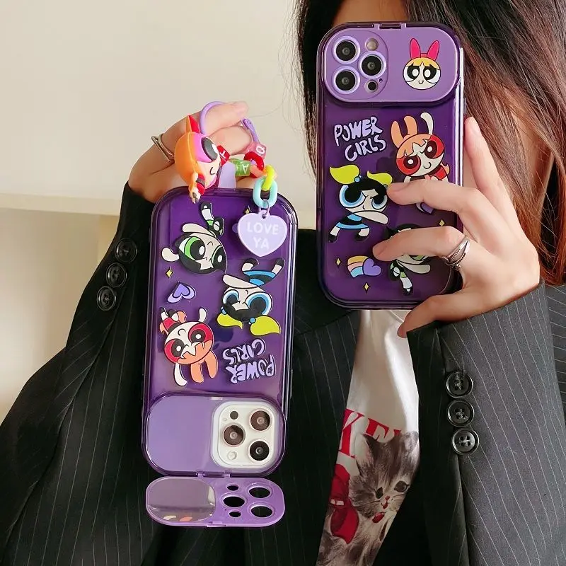 

Powerpuff Girls With Doll Ornaments Makeup Mirror Phone Case For Iphone 11 12 13 14 Pro XS Max XR Plus Cute Shockproof Cover