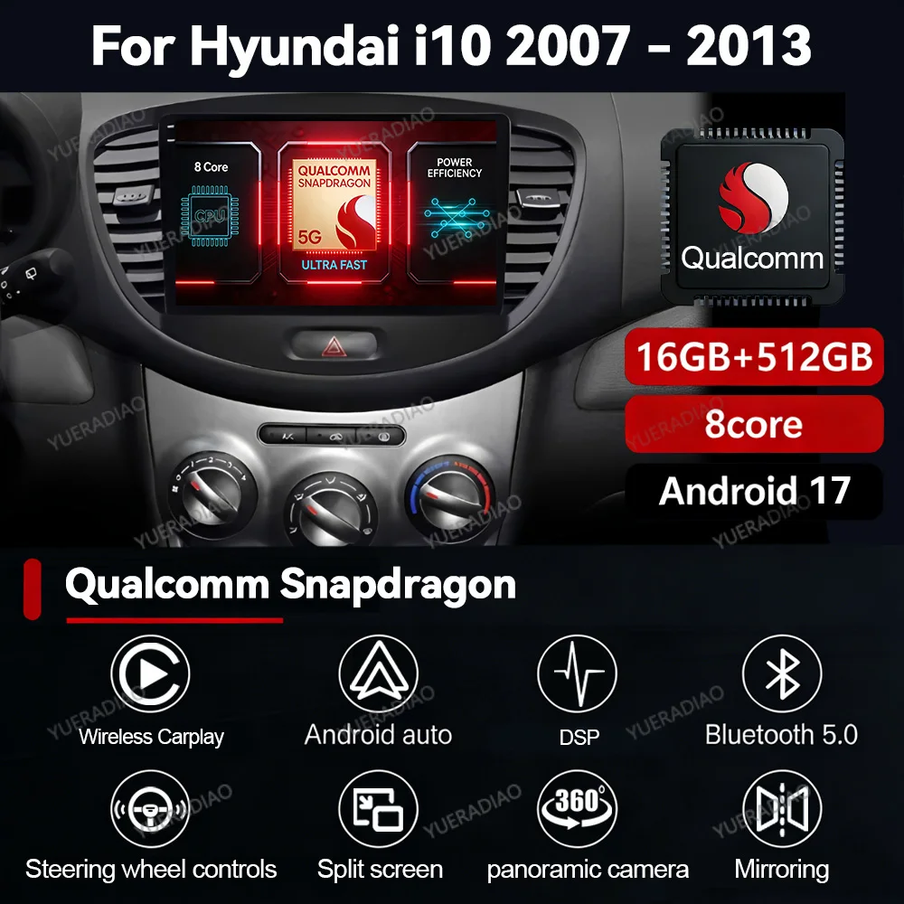 Фото Автомагнитола Android 17 для Hyundai I10 2007-2013 с поддержкой SWC, камерой заднего вида, CarPlay, мультимедиа, GPS-навигацией и центральным блоком управления №1