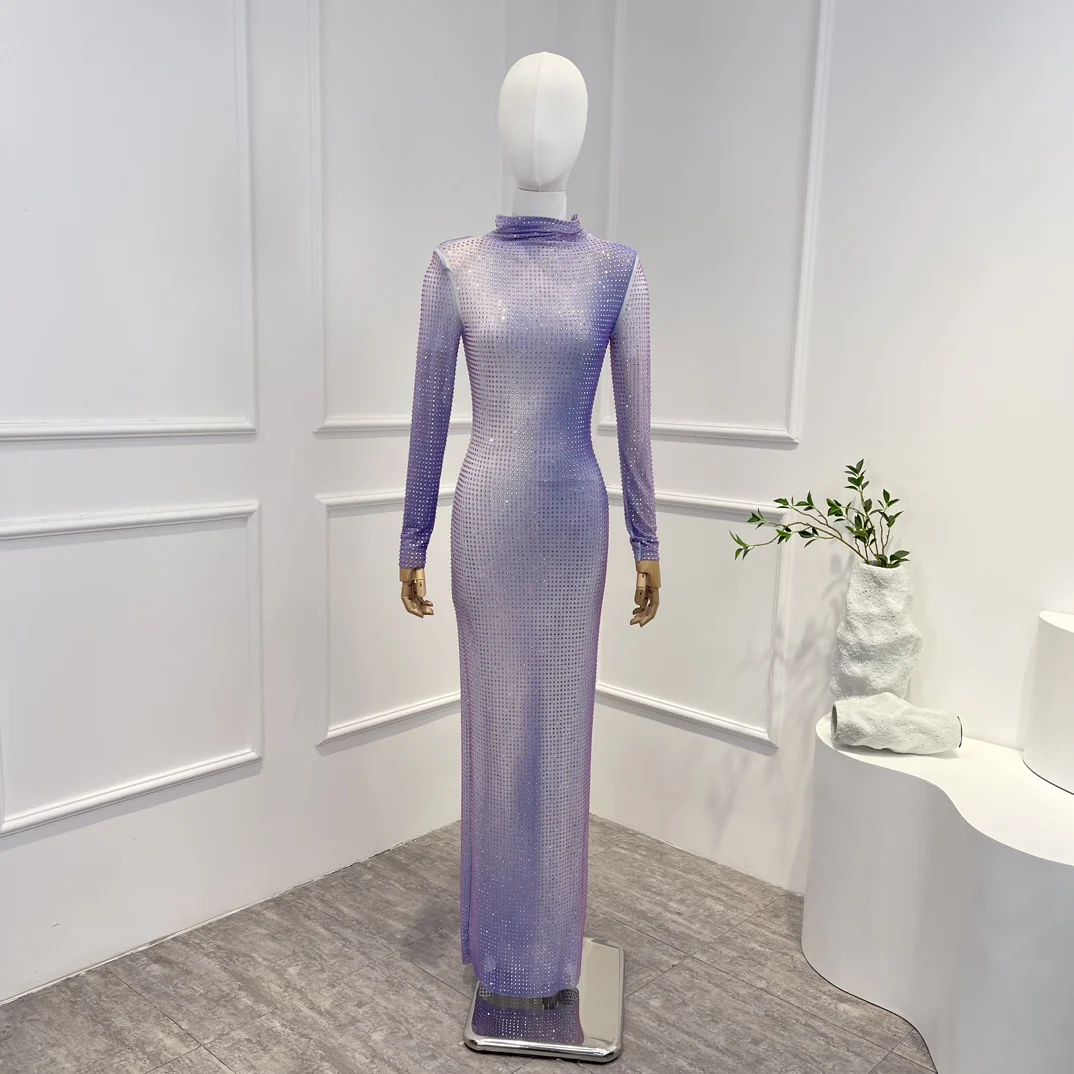 

2023 New Purple Light Violet Spring Summer Luxury High Quality Turtleneck Long Sleeve Diamonds Woman Dress
