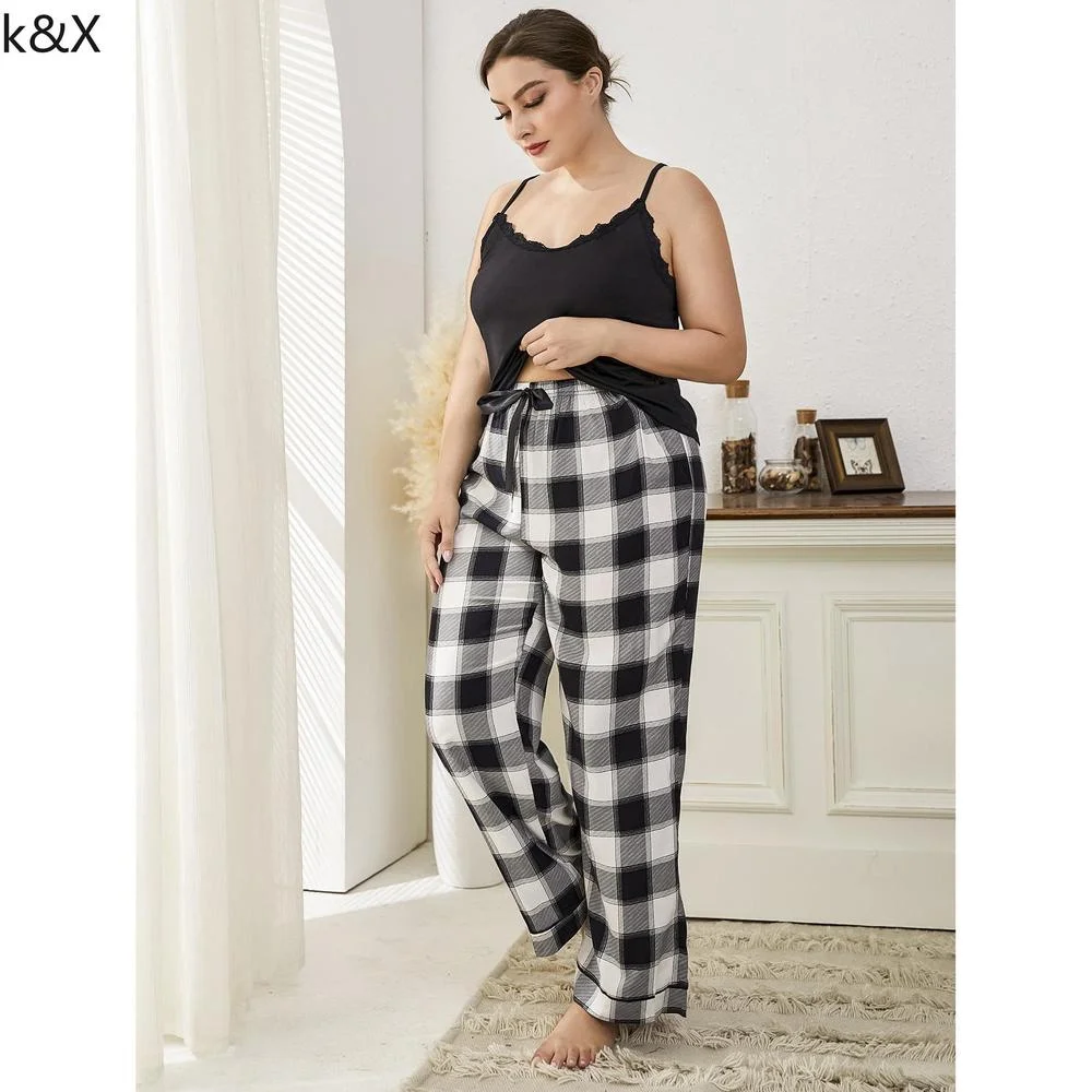 Pants Suit  Plus Size Two Piece Set 4xl Big Size Pyjamas Plaid Bottoms Sleep Wear Women Lace Cami Pajama Elastic Waist Pant Sets