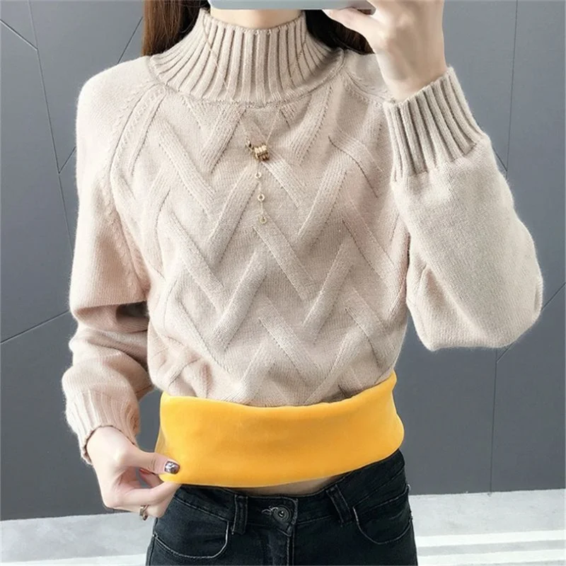 

2023 New Winter Sweater For Women Casual Warm Thicken Velvet Knit Pullovers Fleece Lined Knitwear Ribbed Bottomed Sweater
