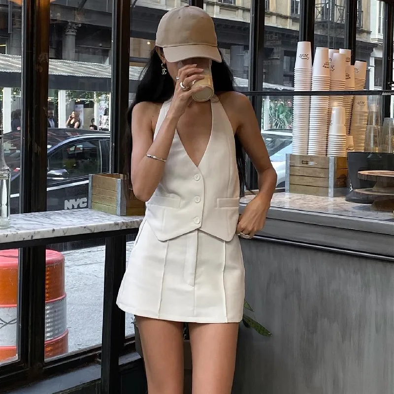 

Two Piece Sets Womens Outifits Sexy Single-breasted Fake Pocket Hanging Neck Vest A- Line Mini Skirt Streetwear Suit for Women