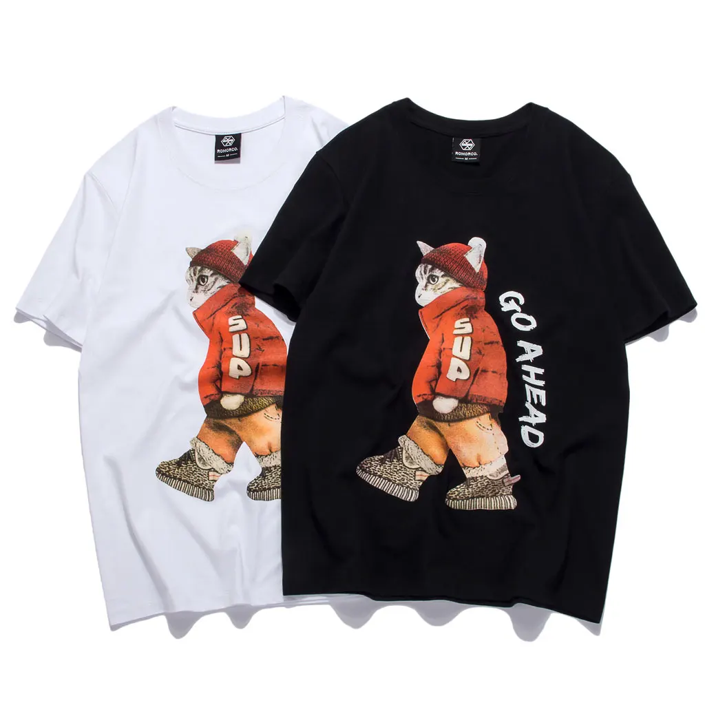 

D10 футболки 2022 летняя стильная модная футболка с мультяшным принтом кота в стиле хип-хоп топы с круглым вырезом и коротким рукавом белый чер...