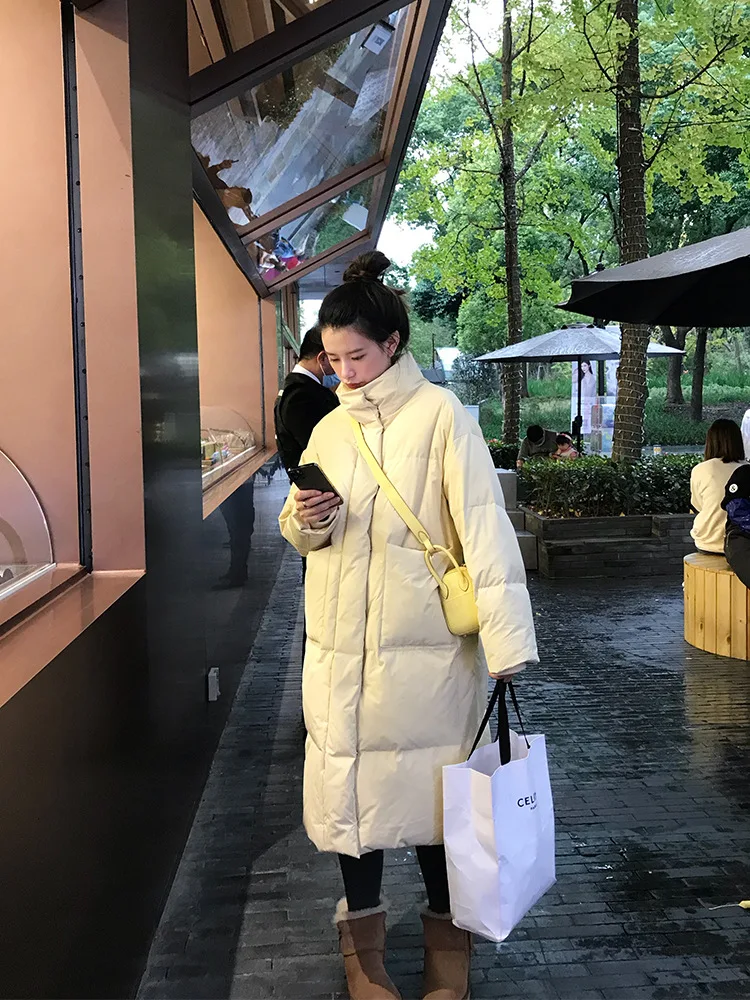 White duck down stand collar down jacket women's medium long loose thin coat