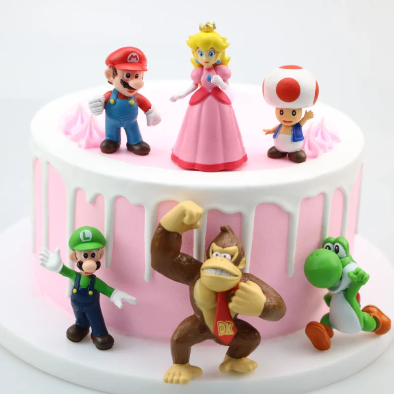

6pcs Super Mario Bros Anime Figures Mario Luigi Yoshi Peach Princess Toad Donkey Kong Action Figure Model Cake Decorations Toys