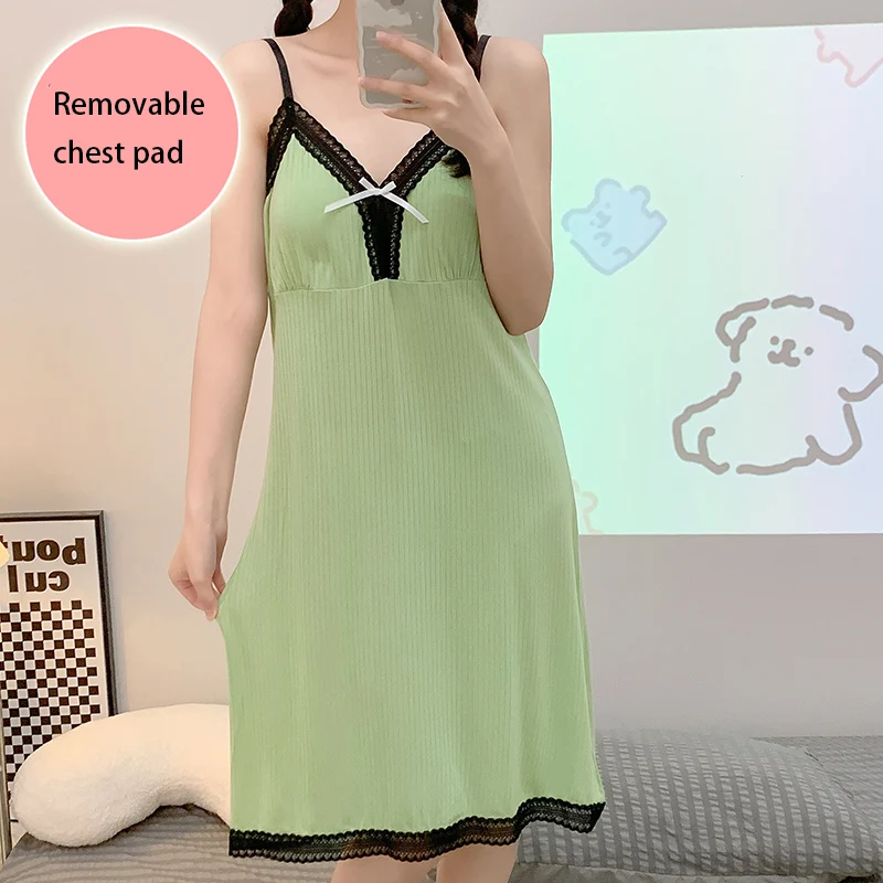 

Modal Pajamas Women's 2023 Summer Sweet Princess Style Removable Breast Cushion Sling Medium length Pajama Dress Home Clothes