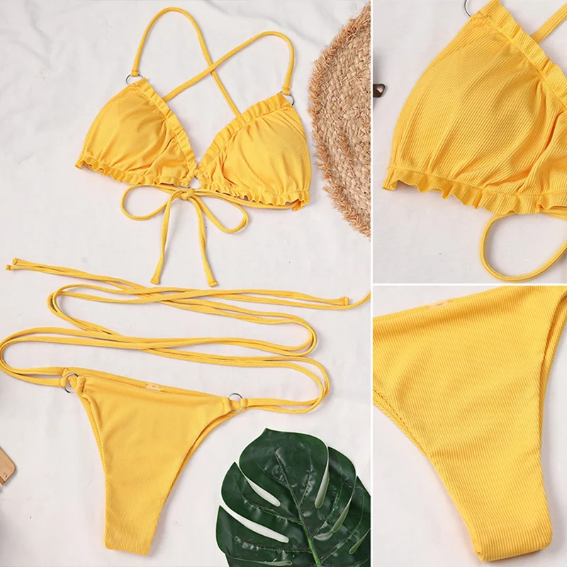 

Купольные сексуальные бразильские стринги, бикини, Женский однотонный купальник-бандаж, комплект микро-бикини, летняя пляжная одежда, купа...