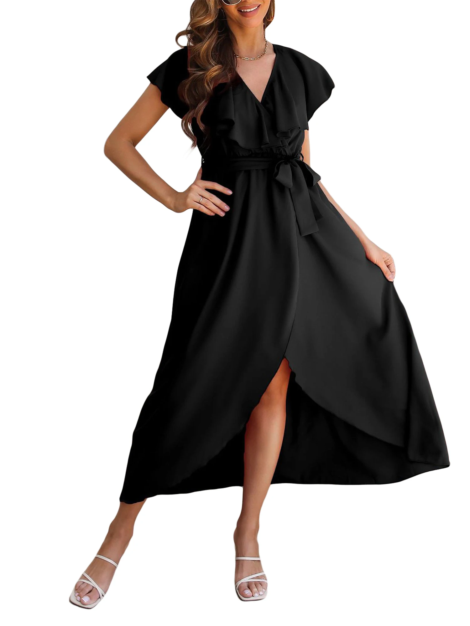 

Scriardv Women s Elegant Floral Print Sleeveless Maxi Dress V Neck Ruffle Wrap Boho Beach Party Dress