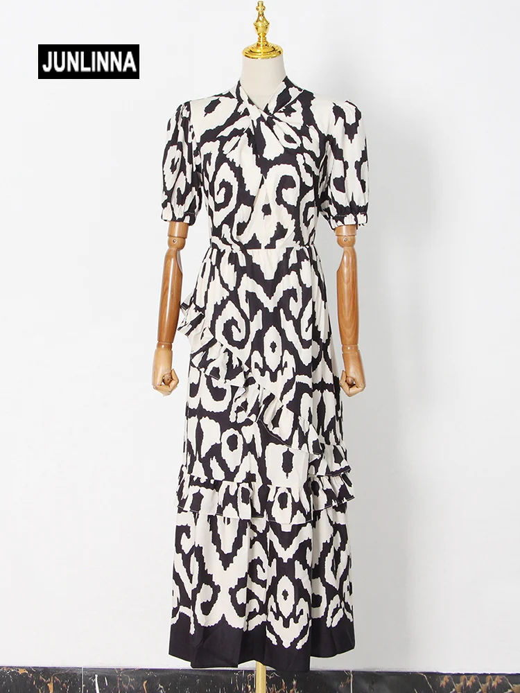 

JUNLINNA Fashion Designer Women Ankle-Length Dress Spring Autumn Geometric Printed Sliming Vestidos Bow and Ruffles Elegant
