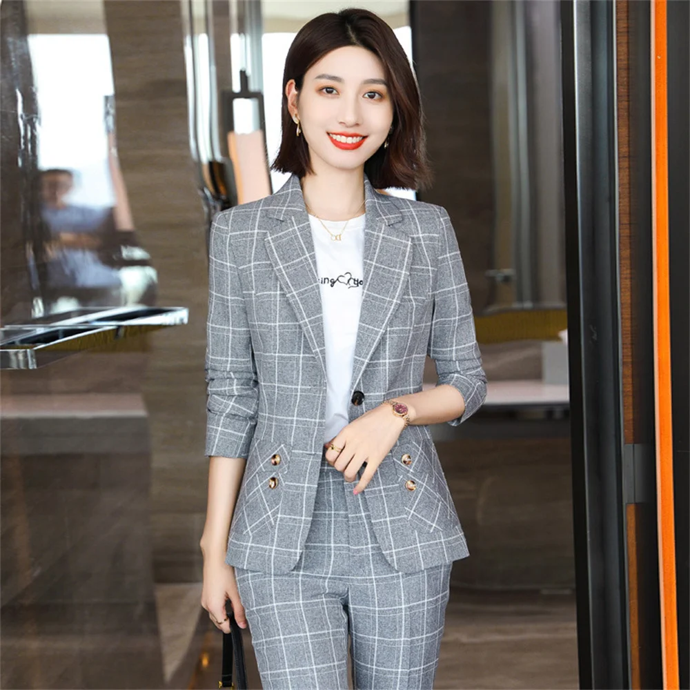 Chic Plaid Women's Formal Pants Set 2023 New in Female Casual Business 2 Piece Set Elegant Office Lady Blazer Suit with Trousers