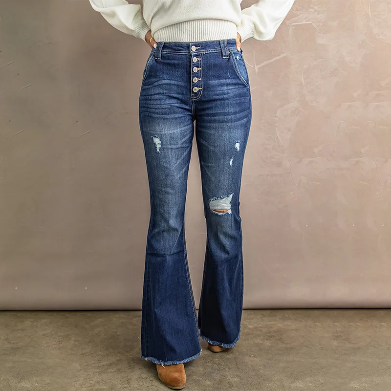 

Spring 2022 Womens Fashion Raw Hem Distressed Button Fly High Rise Flare Jeans Jeans Y2k Aesthetic Trendyol Women