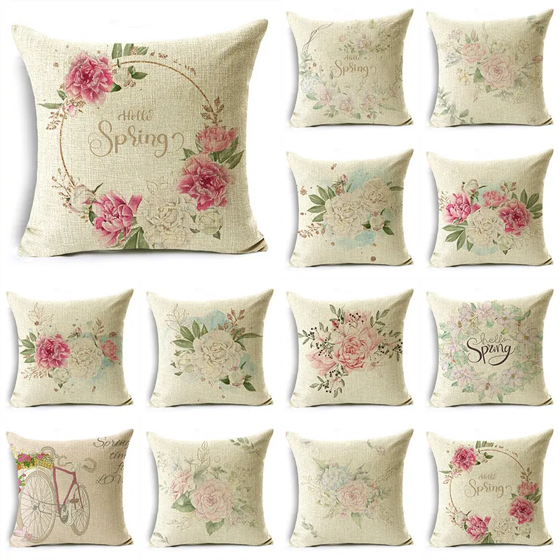 

Pink White Big Flower Patterns Spring Bike Linen Throw Pillowcase Home Sofa Office Living Room 40*40cm/45*45cm/50*50cm