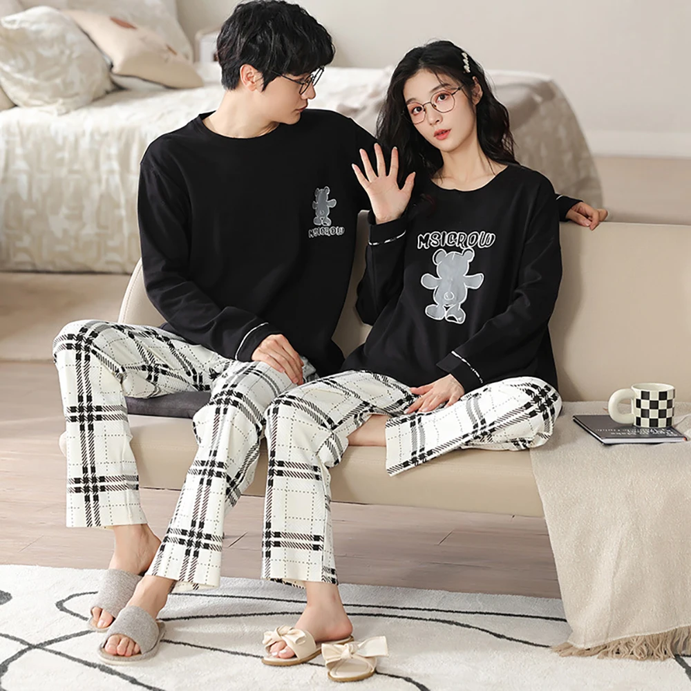 Couples 100% Cotton Pajama Sets Sweet Rabbit Print Pajamas Sleepwear Casual Plaid Elastic Pants Home Suit for Women pijama mujer
