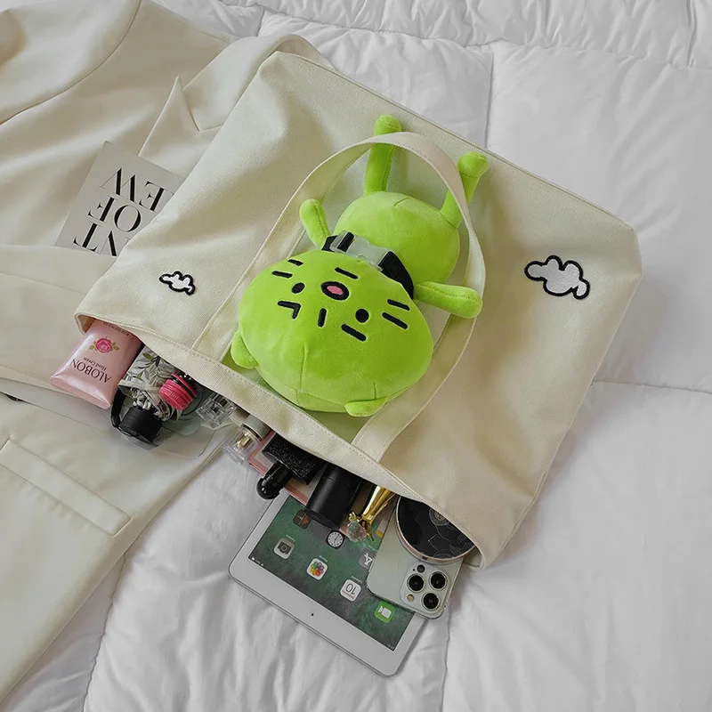 Cartoon Cute Plush Toys One Shoulder Large Bag for Women 2023 New Fashion Student Canvas Shopping Simple Handheld Tote Bag