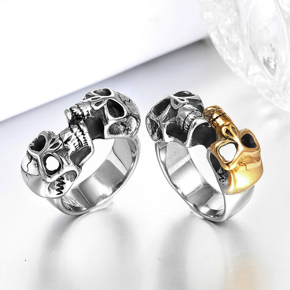 

Gothic Double Skull Ring For Men Punk Hip Hop Stainless Steel Skull Biker Ring Fashion Men Boy Jewelry Gift Wholesale