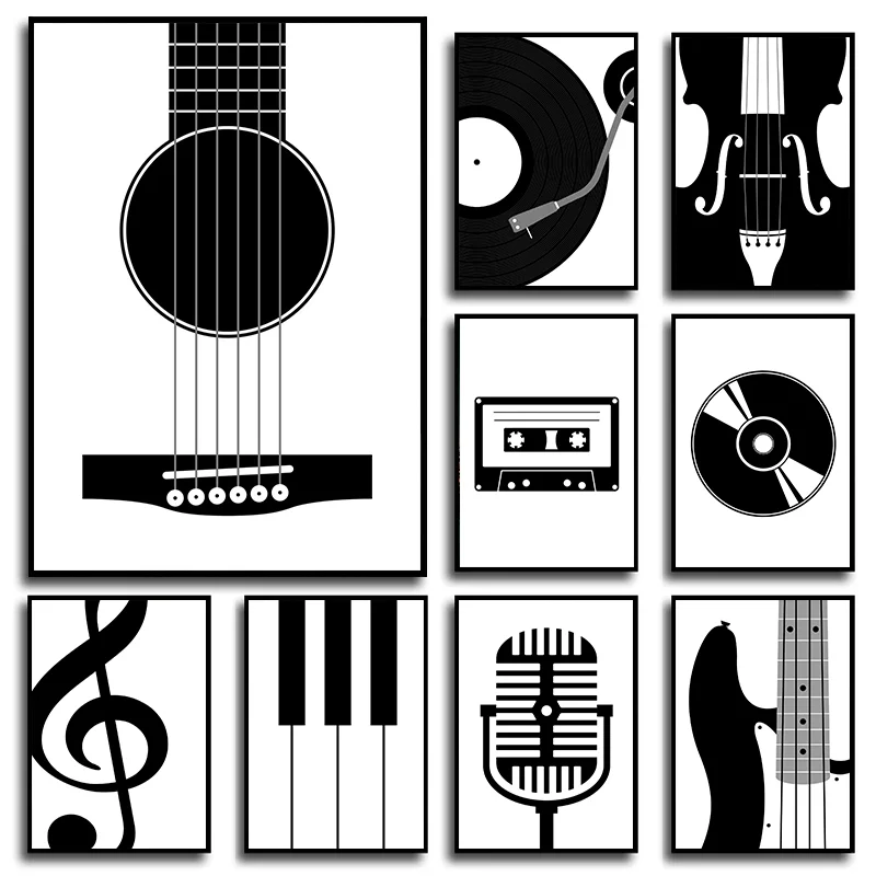 Black and White Minimalist Guitar Record Player Microphone Canvas Painting Poster Prints Music Lover Studio Wall Art Home Decor