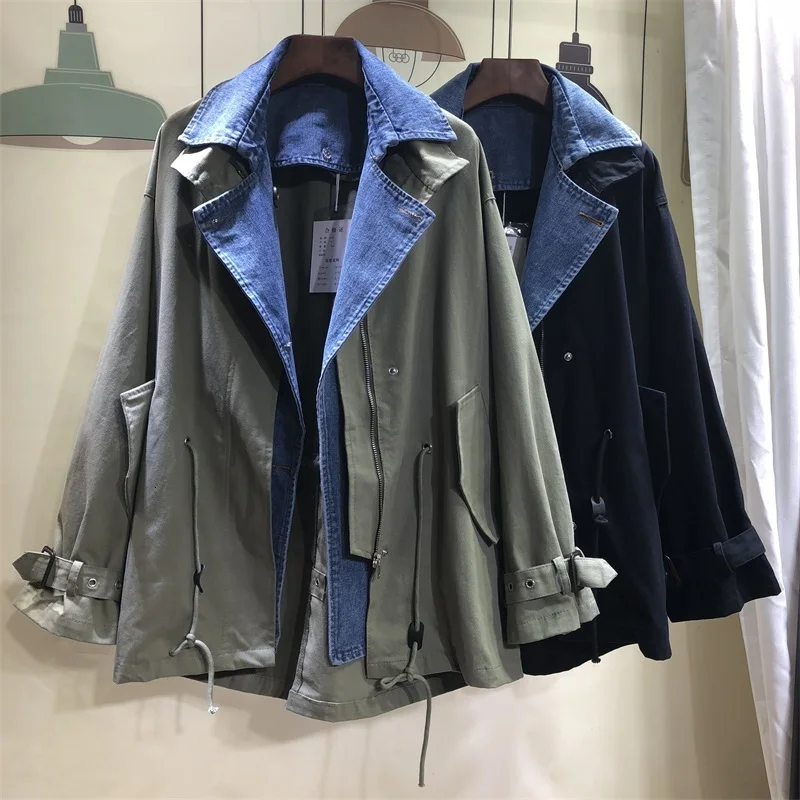 2023 Autumn Fashion Casual Fleece Folded Stand Collar Long Sleeve Denim Stitching Straight Jacket Women