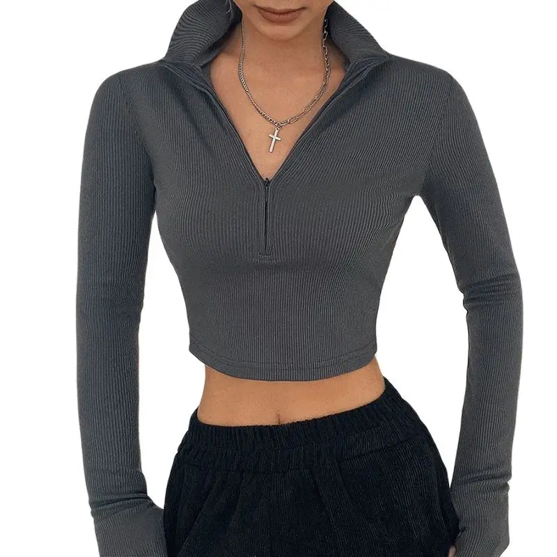 

Casual T-shirt Long Sleeves Turtleneck Crop Tops Solid Color Sexy Simple Style Party Club Zipper Half-open Collar Exposed Navel