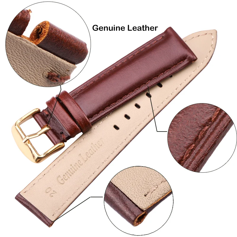 AlpesCow Leather Watch Band Bracelet 18 19 20 21 22 24mm Brown Black Women Men Soft Strap With Silver Gold Pin Buckle Watchband